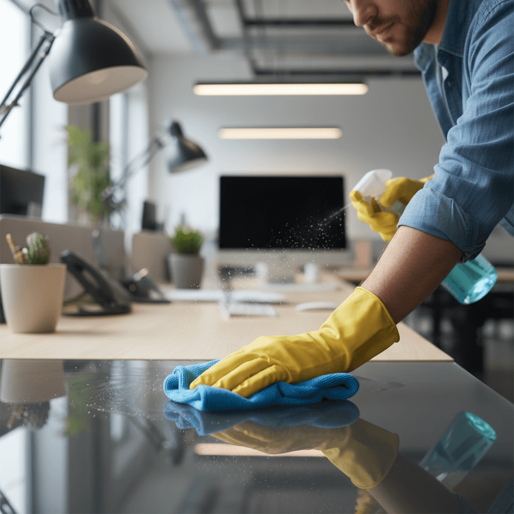 Professional cleaner's hands carefully sanitizing modern office desk with microfiber cloth and eco-friendly solution in contemporary workplace